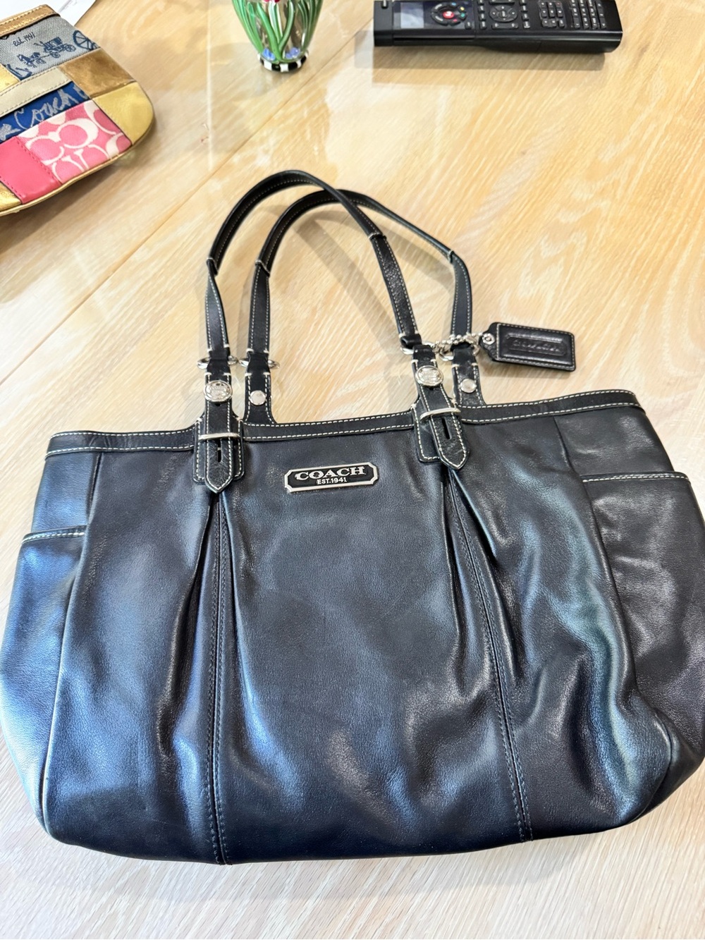 Coach Black Leather Shoulder Tote with Silver Hardware